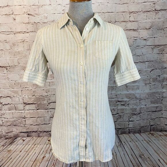 Elizabeth and James Tops - Elizabeth and James Womens Tan Striped Linen Top Button Down Shirt Tan Size XS